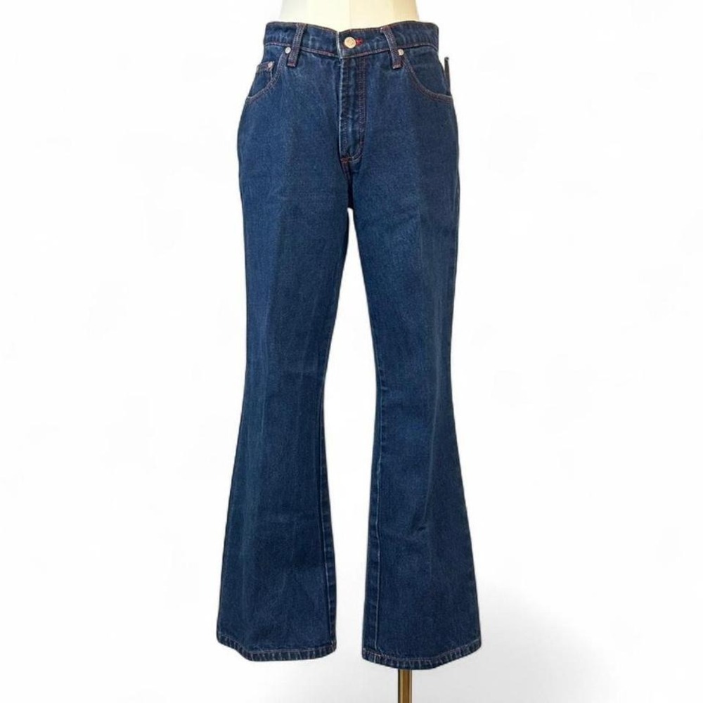 Y2K No Boundaries Dark Wash High Rise Flare Jeans Red Contrast Stitch Womens 9